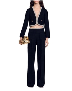 Укороченный твидовый пиджак с отделкой бисером, черный Sandro