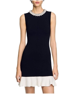 Короткое трикотажное платье с вышитым бисером вырезом, черный Sandro