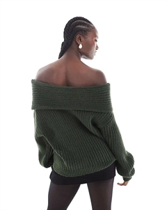 Свободный вязаный джемпер с открытыми плечами в цвете лесной зелени Asos design