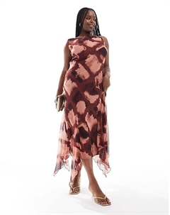 Платье мидакси без рукавов с годе в размытую бордовую клетку Asos