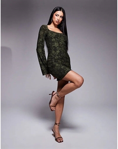 Мини-платье Burnout Super Scoop с рукавами-фонариками цвета хаки Asos design