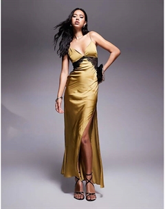 Атласное макси-платье с кружевными вставками косой вязки оливково-зеленого цвета Asos design