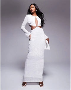 Платье макси с длинными рукавами, пайетками, запахом и вырезом-замочной скважиной белого цвета Asos design