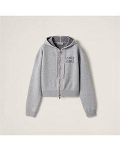 Кашемировый кардиган двойной вязки с капюшоном и застежкой-молнией, серый Miu miu
