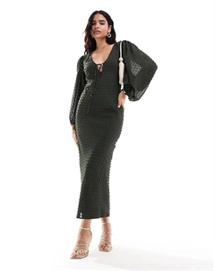 Платье миди с рукавами-фонариками добби темно-зеленого цвета Asos design