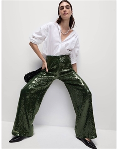Брюки с широкими штанинами и пайетками, темно-зеленый Marks & spencer