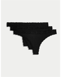 3 пары трусиков-стрингов из хлопковой смеси, черный Marks & spencer