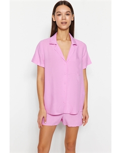 Светло-розовый пижамный комплект из вискозной рубашки и шорт Trendyol