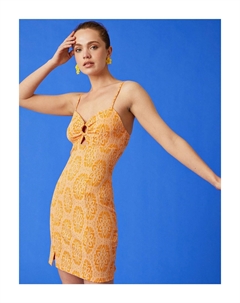 Мини-платье с узором, деталями окна и тонкими бретелями, оранжевый Koton