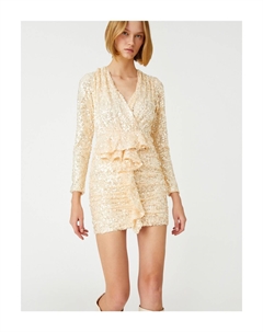 Мини-вечернее платье с воланами и блестками и длинными рукавами, экрю Koton