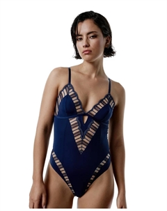 Боди из микрофибры и геометрического кружева с треугольными чашечками, тёмно-синий Black limba