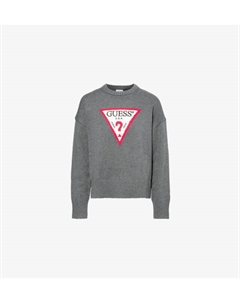 Хлопковый джемпер с круглым вырезом и треугольным логотипом, цвет cobblestone heather Guess