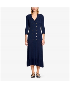 Двубортное платье макси из эластичной ткани с оборками по подолу, синий Sandro