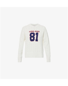 Хлопковый джемпер с вышитым логотипом и косичной вязкой, белый Guess