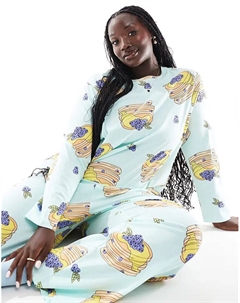 Пижамный комплект из топа с длинными рукавами и брюк «блины» синего цвета Asos