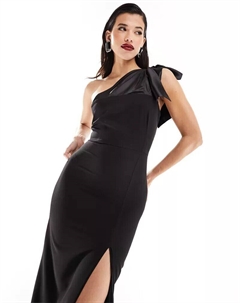 Черное платье макси с разрезом по бокам, атласной отделкой и бантом Vesper