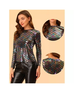 Женская блестящая рубашка с длинными рукавами и блестящими металлическими топами для вечеринок, темно-серый Allegra k