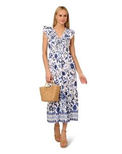 Платье с цветочным принтом и V-образным вырезом, белый Adrianna papell