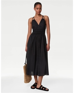 Пляжное платье Midaxi из чистого хлопка с V-образным вырезом, черный Marks & spencer