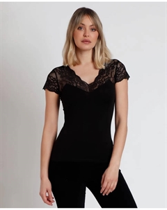 Женская майка с короткими рукавами и кружевными вставками, черный Admas