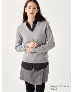 Джемпер с V-образным вырезом из 100% кашемира, цвет 03 серый Uniqlo