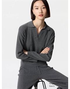 Трикотажный джемпер-поло в рубчик, цвет 07 серый Uniqlo