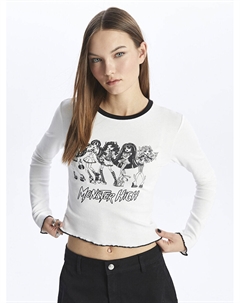 Укороченная женская футболка с длинным рукавом с круглым вырезом и принтом, экрю Xside