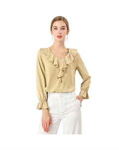 Женские крестьянские блузки с рюшами и V-образным вырезом Элегантная шифоновая блузка Топ, темно-розовый Allegra k