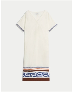 Платье-миди из льна с принтом и V-образным вырезом, белый Marks & spencer