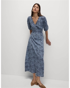 Платье миди с V-образным вырезом и рукавами-фонариками с принтом, синий Marks & spencer