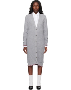 Платье-кардиган миди из серого кашемира в широкую рубчик Thom browne