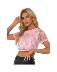 Женская укороченная футболка с короткими рукавами и металлическим узором для вечеринок, цвет Light Pink Allegra k