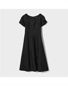 Платье из смесового льна с квадратным вырезом (короткие рукава, стандартная длина 110-121,5см), черный Uniqlo