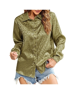 Рубашки на пуговицах с леопардовыми пятнами для женщин, повседневные рабочие рубашки с длинным рукавом и V-образным вырезом, цвет Dark Green Kojooin