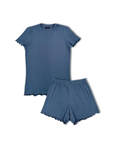 Женский пижамный комплект из хлопкового вельвета с шортами с короткими рукавами, темно-синий Hnx