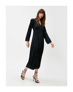 Длинное атласное платье с V-образным вырезом и длинными рукавами, черный Koton