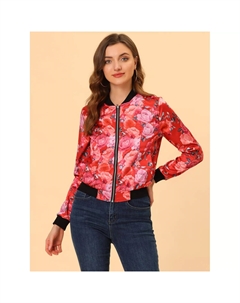 Женская укороченная куртка-бомбер на молнии с цветочным принтом и воротником-стойкой, белый/розовый Allegra k