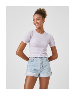 Укороченная футболка с текстурированным круглым вырезом и короткими рукавами Смешанная вискоза, фиолетовый Koton