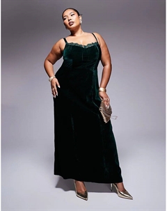 Платье-корсет миди Curve из бархата с кружевной вставкой в насыщенном бирюзовом цвете Asos design