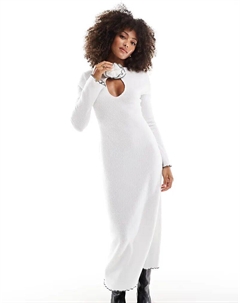Пышное платье-корсаж миди с длинными рукавами и вырезом-замочной скважиной белого цвета с контрастной строчкой Asos design