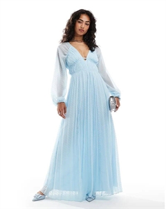 Платье мидакси с глубоким вырезом и длинными рукавами, плиссированное, пастельно-голубого цвета Asos design
