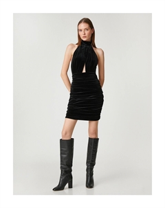 Мини-вечернее платье из бархата с высоким воротником и драпировкой, черный Koton