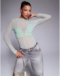 Многослойный сетчатый боди с глубоким вырезом в цвете шалфея Asos design