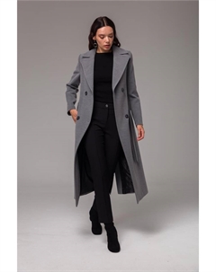 Двубортное пальто средней длины с завязками на талии Серое 3754, серый Concept