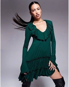 Платье-мини-платье бутылочно-зеленого цвета с оборками Asos design