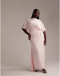 Платье макси подружки невесты из крепа с вырезом-лодочкой и рукавами-футболками, с минимальной драпировкой, нежно-розового цвета Asos