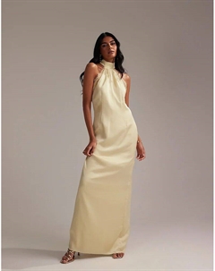 Платье макси с кружевными вставками и халтер-колонной для подружек невесты нежно-желтого цвета Asos design