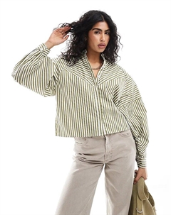 Рубашка с объемными вставками в оливково-белую полоску Asos design