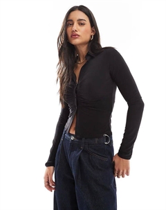 Облегающая рубашка с глубоким вырезом и длинными рукавами черного цвета Asos design