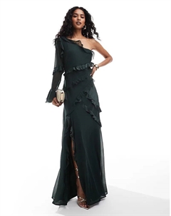 Платье макси из атласного шифона с косым кроем на одно плечо в цвете лесной зелени Asos design